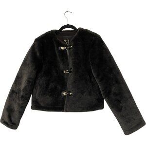 Zara Womens Faux Fur Jacket Fireman Clasps Small S Brown Round Neck 6318/286 NWT